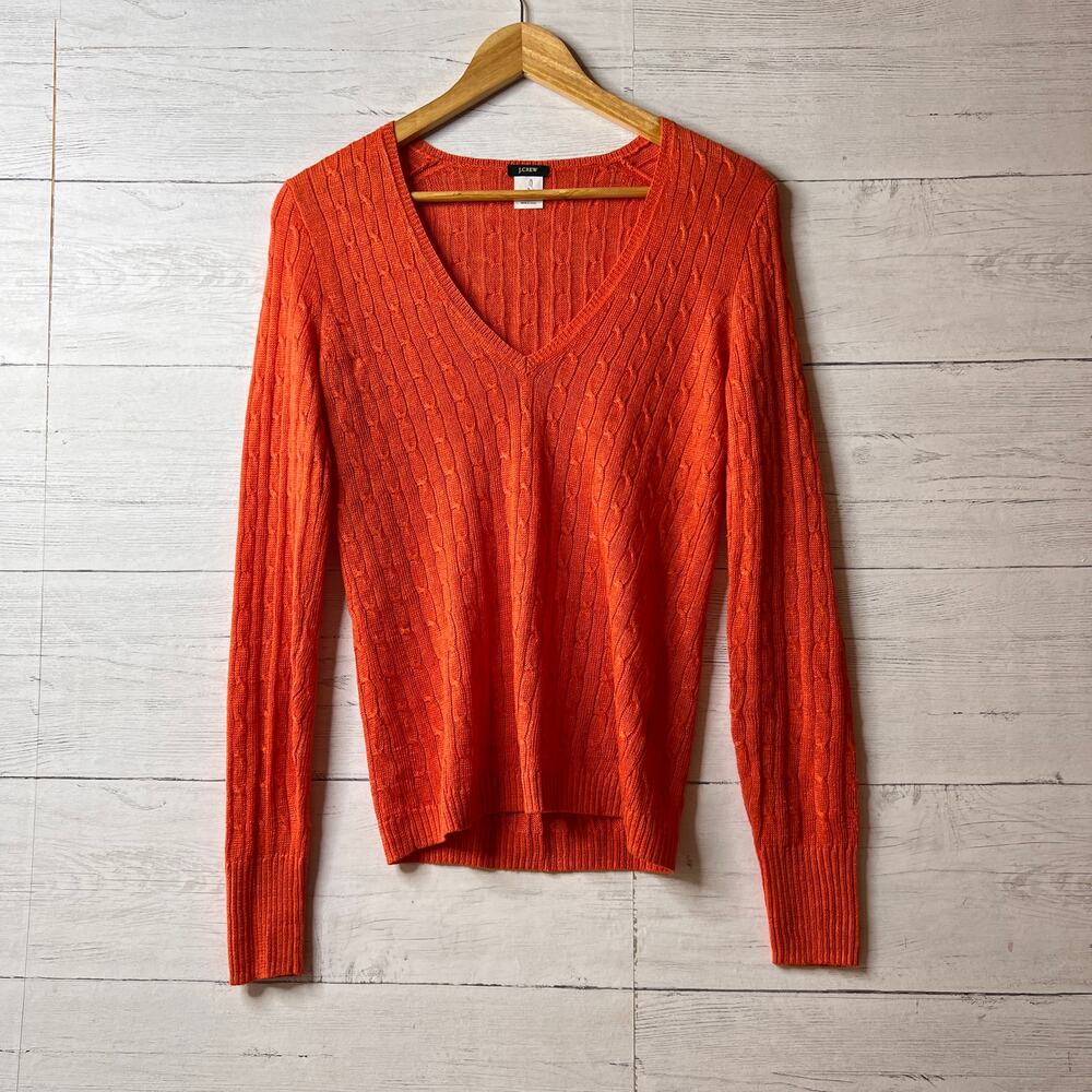 J Crew Sweater Womens Size Small Coral Orange Cable Knit V Neck 100% Linen